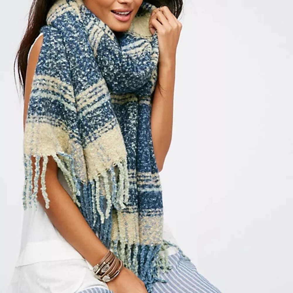 Free People Blue & Cream Plaid Fringe Wrap Scarf
